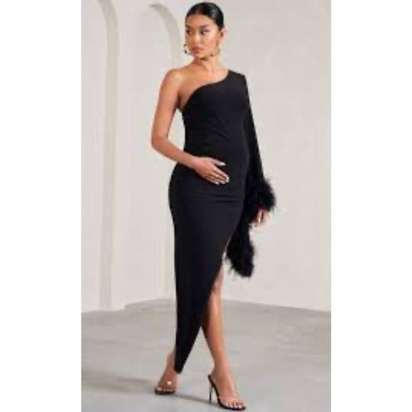 Club L London With A Flourish Black Asymmetric Sleeve Maternity Maxi Dress 12 - Picture 1 of 13